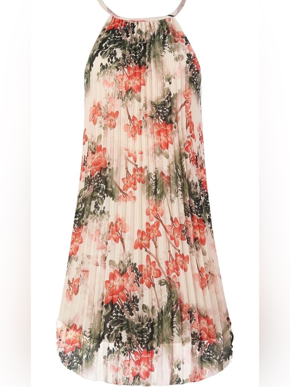 Ellames Floral Pleated Chiffon Halter Sleeveless Spaghetti Strap SwingDress Sz S